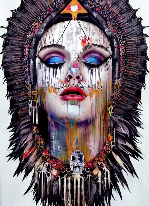 Prompt: tripping cult magic psychic woman, subjective consciousness psychedelic, epic occult ritual symbolism story iconic, dark witch headdress, oil painting, robe, symmetrical face, greek dark myth, by Sandra Chevrier, masterpiece