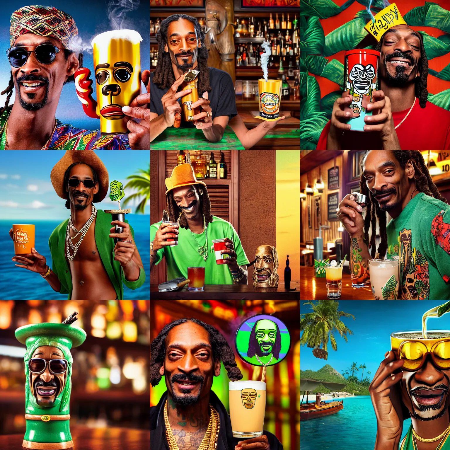 Image similar to a closeup photorealistic photograph of happy blunt smoking snoop dogg at trader vic's bar holding up a trader vic's style tiki mug featuring snoop dogg's face. tiki culture. bright scene. 4 k hd image that's trending on artstation, featured on behance, well rendered, extra crisp, features epic composition and the style of unreal engine.