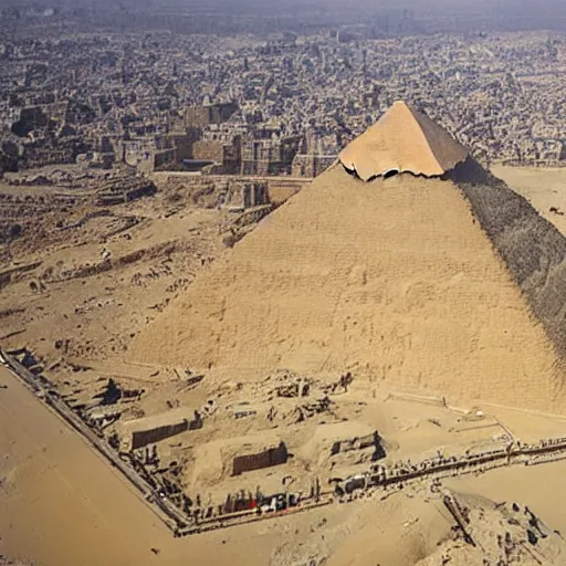 Prompt: an aerial photograph of the great pyramid of giza at the early stages of construction with heavy scaffolding in place, the top of the pyramid has not been built and is not visible, dslr