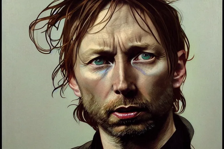 Image similar to hyper realistic portrait of thom yorke thom thom thom thom, by lee bermejo, alphonse mucha and greg rutkowski