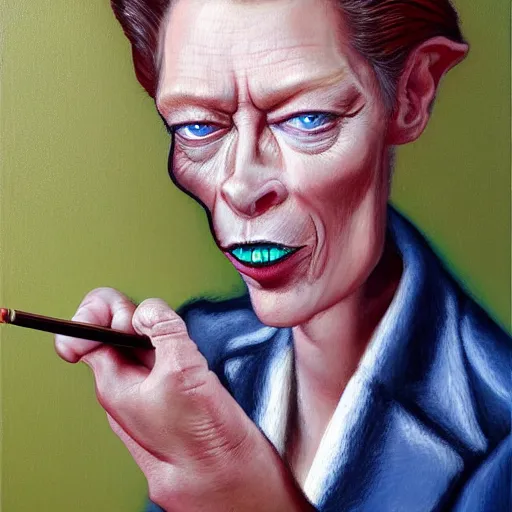 Image similar to caricature of tilda swinton smoking a cigar, realistic oil painting by sebastian krüger, expressive, colorful, plastic