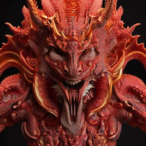 Image similar to a closeup portrait photo, alabaster and ruby real delicate ceramic porcelain sculpture of an ornate detailed humanoid dragon demon devil god in front of an intricate background by rafael, micro detail, backlit lighting, subsurface scattering, translucent, thin porcelain, fire, flames, amber, octane renderer, colorful, physically based rendering, trending on cgsociety