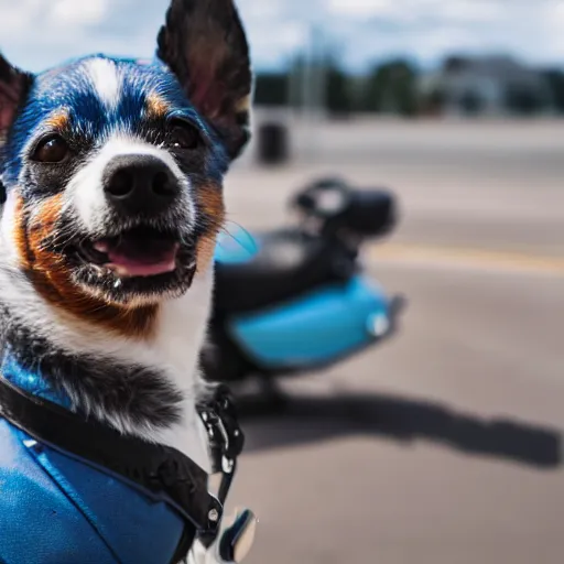 Image similar to blue heeler dog on a motorcycle, 8 k photography, blurred background of a wafflehouse