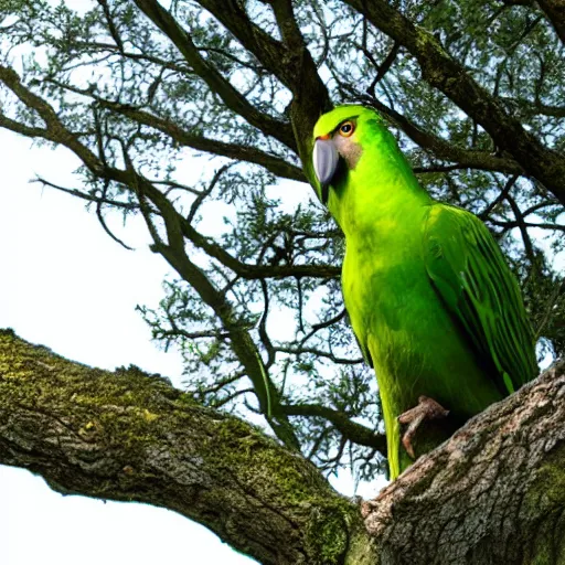 Prompt: A large green bird on a tree