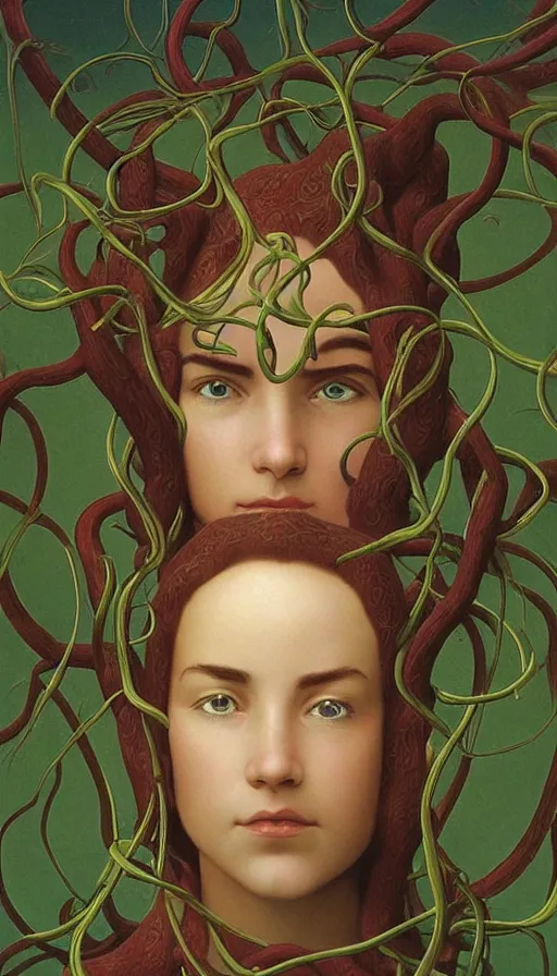 Prompt: very detailed portrait of a 2 0 years old girl surrounded by tentacles, the youg woman visage is blooming from fractal and vines, by thomas blackshear