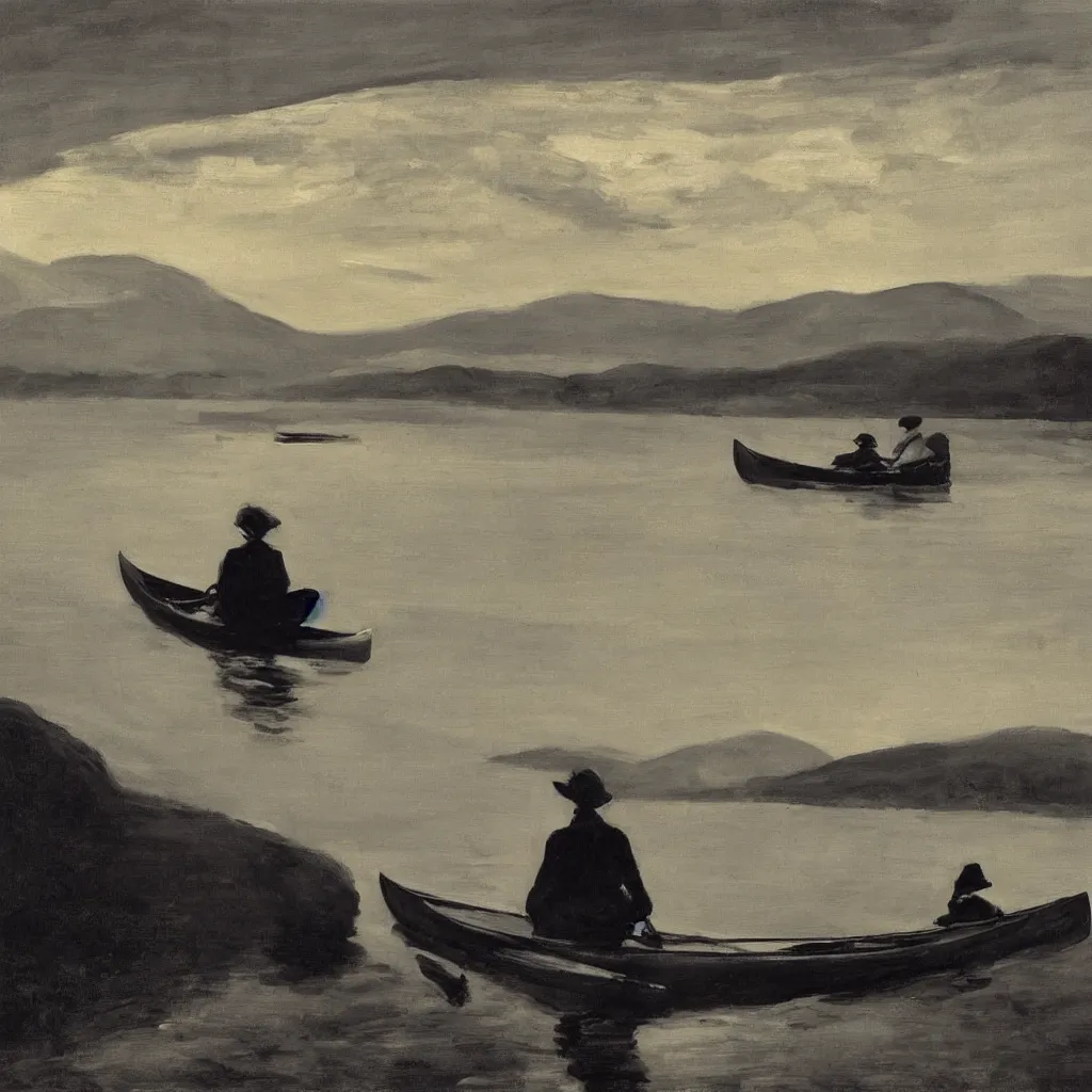 Prompt: “ a woman sitting in canoe on the hudson river, mountains in fog background, award winning oil painting, by george bellows ”