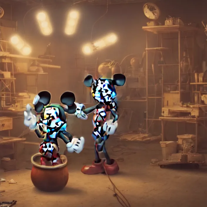 Image similar to crew of workers building giant mickey mouse head in quaint workshop, octane render, 4 k ultra hd, hyper - detailed, realistic, seedy lighting, sharp focus, in style of beeple