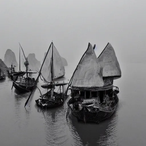 Prompt: old black and white photo of the Junk boats of Halong bay, ancient artifact, foggy, surreal, photorealistic