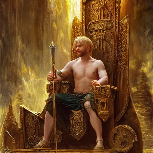 Image similar to attractive king arthur pendragon, sat in his throne, big arches in the back, natural lighting, path traced, high quality, very detailed digital painting, by gaston bussiere, craig miller, j. c. leyendecker