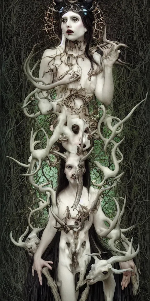 Prompt: softly glowing black metal pagan god with horns and pale skin and intense black eyes with a goat skull in very dark forest by johnson tsang and alphonse mucha, portrait, fantasy, clear, light beams, subtle shades of pastel, lens flare, soft, uhd, amazing depth, cinematic lighting