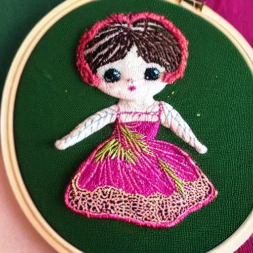 Image similar to a tiny beautiful handmade embroidery of a little girl with brown curly hair. hand embroidery.