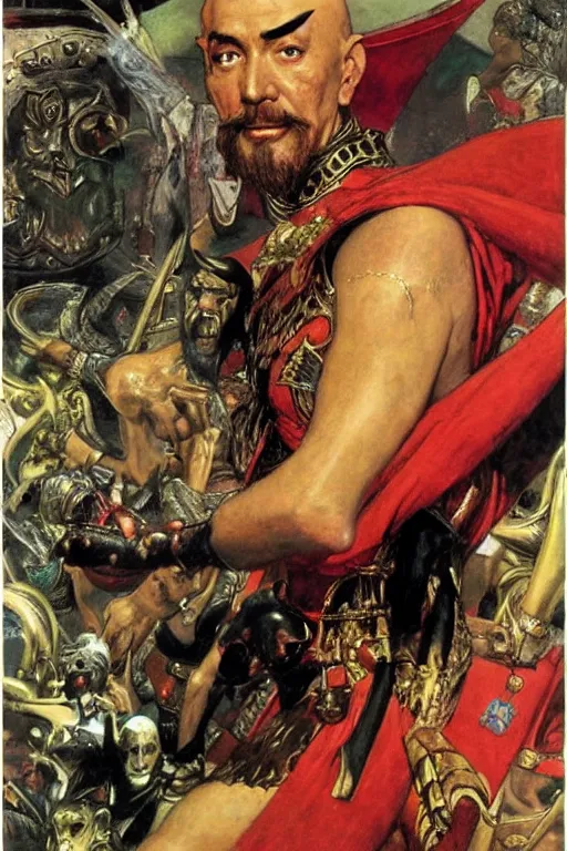 Image similar to ming the merciless, painted by jack kirby, lawrence alma tadema, norman rockwell, greg staples, wayne barlow, neville page