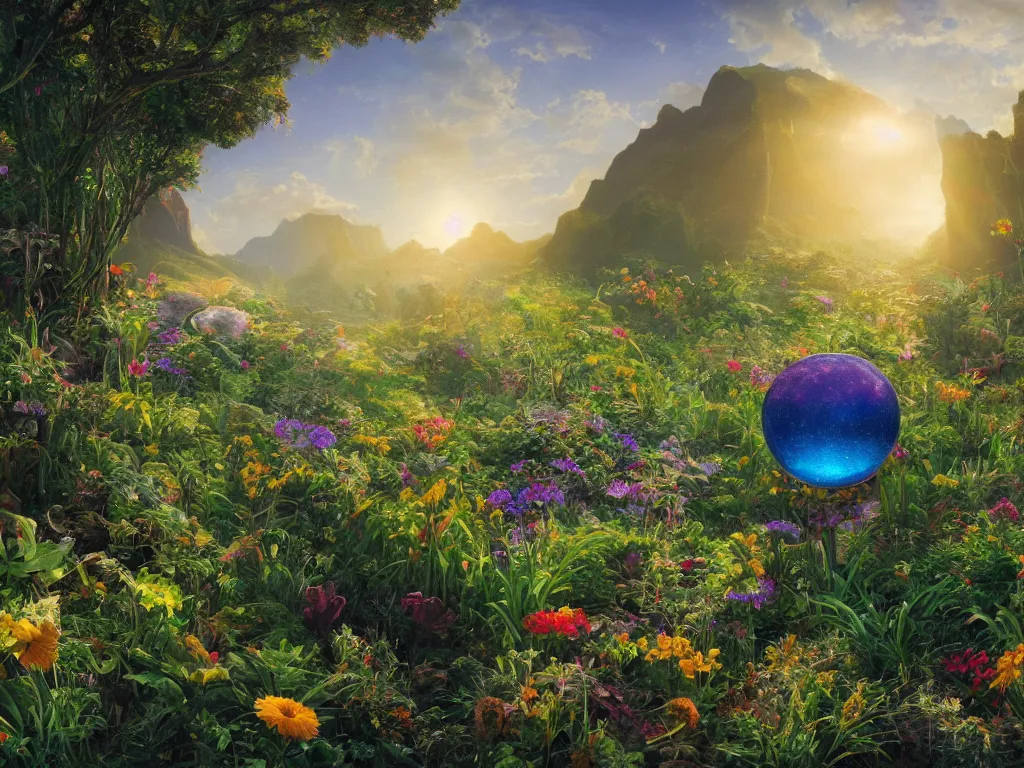 Prompt: sunlight study, the universe is a spheroid region 7 0 5 meters in diameter of kauai wildflower undergrowth, art nouveau, by jan davidz de heem and ( ( ( ( ( lisa frank ) ) ) ) ), 8 k, sharp focus, octane render