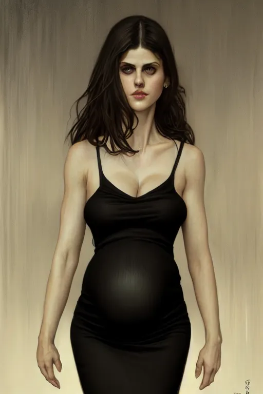 Image similar to pregnant alexandra daddario in a black dress, realistic portrait, symmetrical, highly detailed, digital painting, artstation, concept art, smooth, sharp focus, illustration, cinematic lighting, art by artgerm and greg rutkowski and alphonse mucha