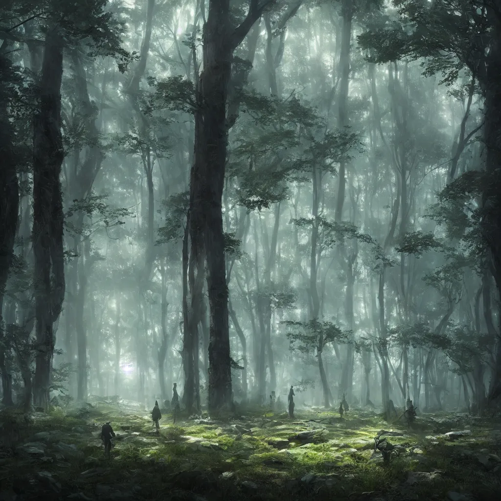 Image similar to A beuatiful forest by Greg Rutkowski, Sung Choi, Mitchell Mohrhauser, Maciej Kuciara, Johnson Ting, Maxim Verehin, Peter Konig, final fantasy , 8k photorealistic, cinematic lighting, HD, high details, atmospheric,