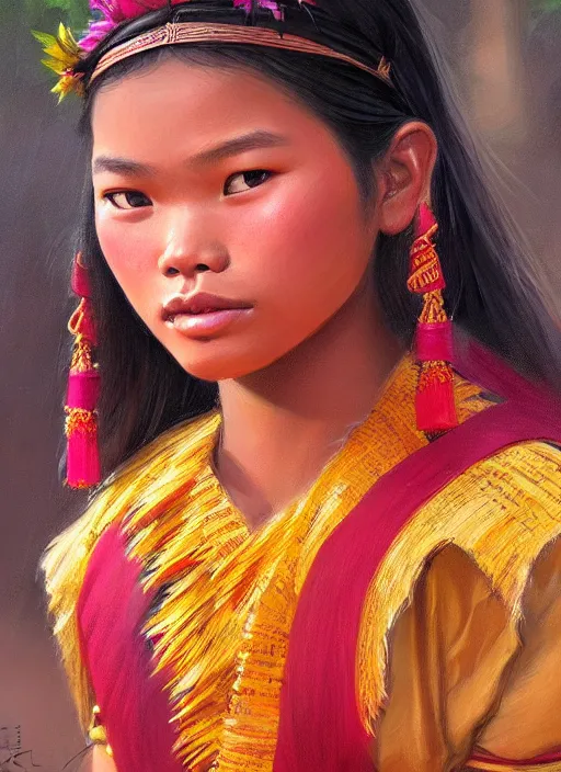 Image similar to portrait of a beautiful teen khmer ethnic cambodia, closeup portrait, historical, ethnic group, traditional costume, elegant, loin cloth, highly detailed, oil painting, artstation, concept art, matte, sharp focus, illustration, hearthstone, art by earl norem