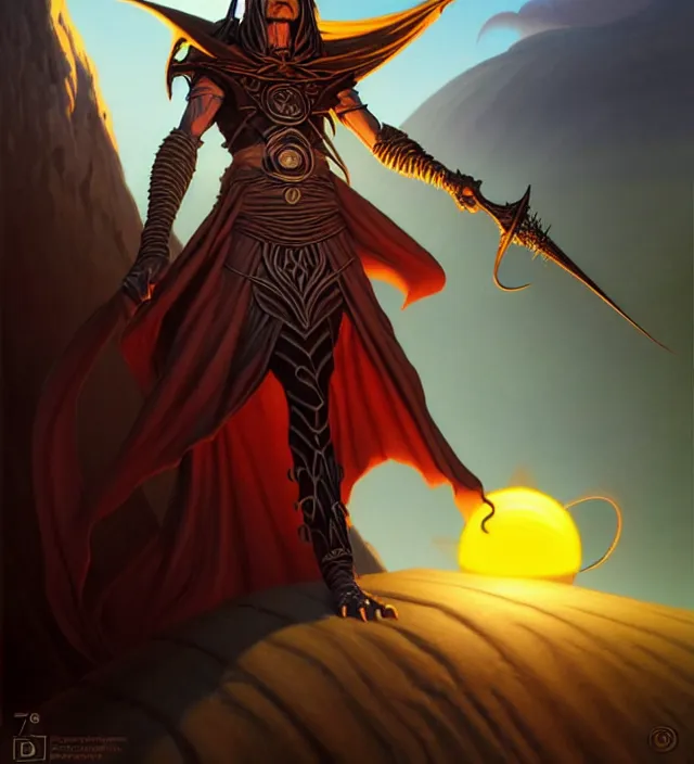 Image similar to a defiler wizard upon the dunes, the dark sun of athas,'dark sun'- campaign setting, brom's dark sun art on a 7 0's style fantasy novel cover, digital painting by brom, amazingly detailed d & d art, concept art, intricate details, beautiful, volumetric lighting, ultrarealistic, cgsociety, artstation