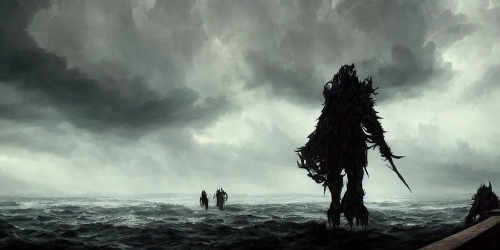 Prompt: dark concept art of a dark gigantic creature looking at ships, stoic, windy, dramatic, epic painting, dark clouds, thunderstom, rain, medieval, dark concept art, dark skies painting by wlop, nixeu and greg rutkowski, beautiful, semirealism, artstation, octane render, oil painting, sharpness, 8 k, golden ratio