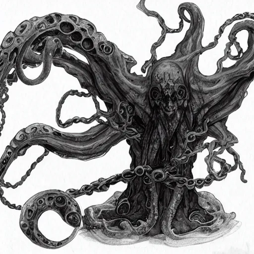 Image similar to concept designs for an end game boss that is an ethereal obsidian ghostly wraith like figure with a squid like parasite latched onto its head and long tentacle arms that flow lazily but gracefully at its sides like a cloak and chains rattling at its sides while it floats around a frozen rocky tundra in the snow searching for lost souls and that hides amongst the shadows in the trees, this character has hydrokinesis and electrokinesis for silent hill video game and inspired by the resident evil game franchise