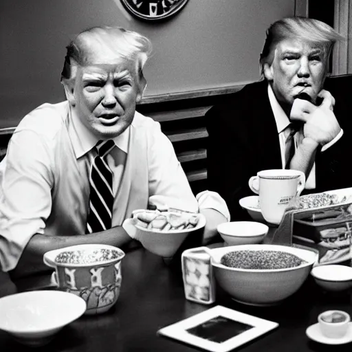 Image similar to photograph of trump and Biden sitting and eating breakfast at a Wafflehouse