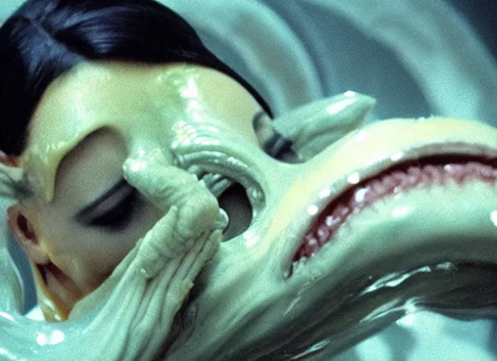 Image similar to film still of kim kardashian ingesting alien slime from the mouth of an xenomorph, transparent goo, transparent slime, saliva, 8 k