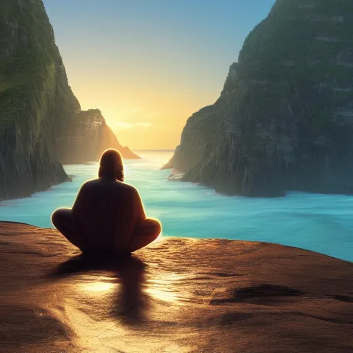 Prompt: a stunning 3 d render of a jesus meditating on a cliff with buddah and socrates on a cliff facing away from the camera watching the sunrise over the ocean, turbulent ocean in the background, intricate, elegant, highly detailed, artstation, ultra sharp focus, octane render, volumetric lighting, in a neoclassical and baroque style