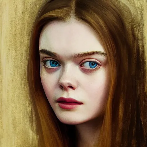 Prompt: A masterpiece head and shoulders portrait of Elle Fanning by Mariusz Lewandowski