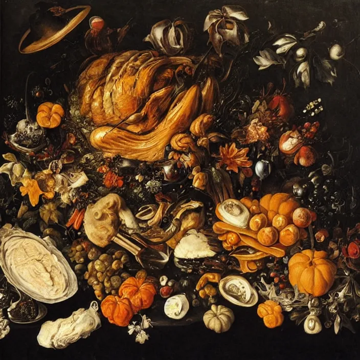 Prompt: victorian thanksgiving feast, black background, vanitas, a flemish baroque by jan davidsz. de heem, a still life by giuseppe arcimboldo, pinterest, rococo, hd, intricate high detail masterpiece