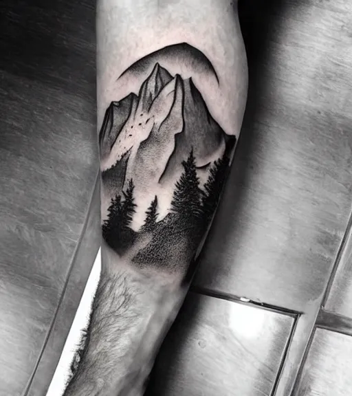 Image similar to double exposure of a hyper realistic mountain scenery with a beautiful woman face, tattoo design sketch, in the style of matteo pasqualin, hyper - realistic, amazing detail, black and white