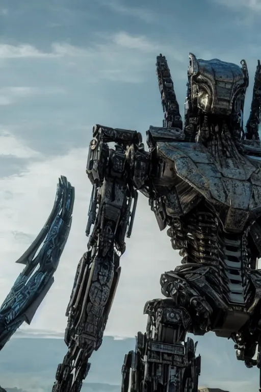 Image similar to cinematic still in westworld and dune movie and pacific rim movie and ps 5 game machine warrior 5, intricate ornate humanoid mecha warrior,