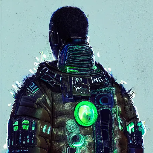 Image similar to detailed portrait of a skilled magic deepdream guardian boy cyberpunk futuristic, reflective puffer jacket, black leggings from the back radiating a glowing aura by ismail inceoglu dragan bibin hans thoma, perfect face, fine details, realistic shaded, fine - face, pretty face