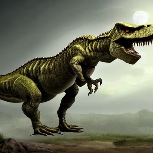 Image similar to anthromorphic reptile looking like a t-rex, digital art, matte painting, 4K, !!coherent like Dall-E 2!!