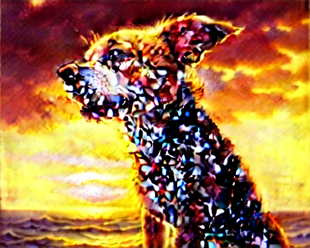 Prompt: a cute smiling puppy with its eyes shut on a very windy day, at the sea, wind blowing through its fur, strong wind, closed eyes, highly detailed, hyperrealistic, intricate, sunset in the background, rays of golden red sunlight, oil painting by greg rutkowski and artgerm and wlop