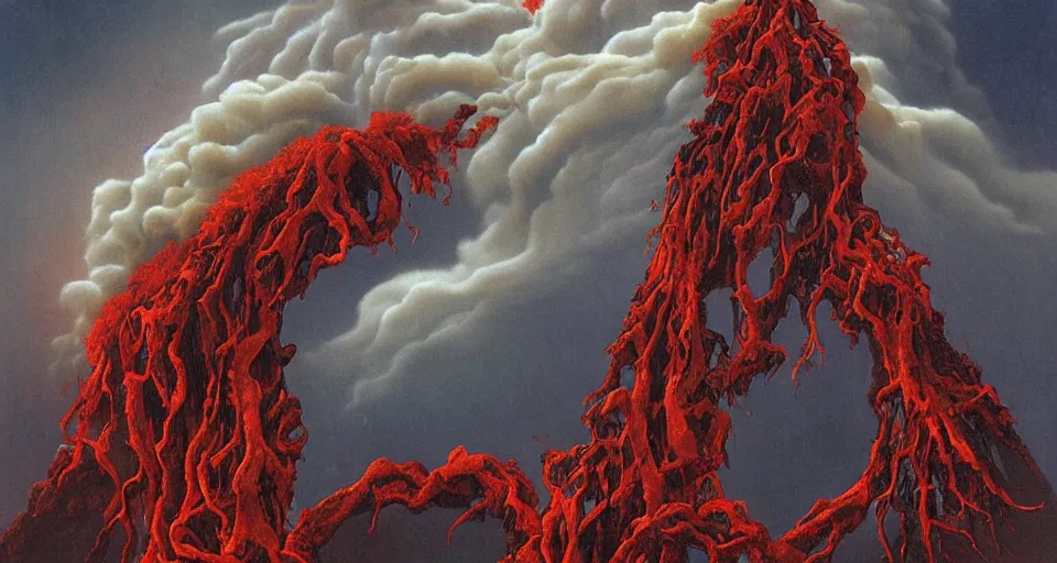 Image similar to a volcano made of ivory vines and crimson rocks enters in eruption, it spits a smoke in the shape of demonic eye, by Thomas Blackshear