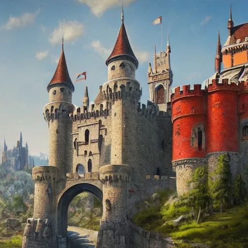 Prompt: A beautiful and detailed painting of a massive fantasy castle, castle walls made out of white marble, castle towers made out of red stone, view of a medieval city in the background, beautiful blue skies, summer, by Greg Rutkowski, trending on artstation