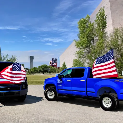 Prompt: photo of big blue biden pickup trucks with american flags on them. biden is written on the side of the truck.