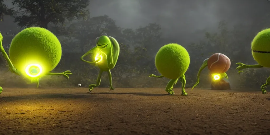 Image similar to a photo of 8 k ultra realistic tennis ball monsters, tennis ball monsters, alien exotic, cinematic lighting, trending on artstation, 4 k, hyperrealistic, focused, high details, unreal engine 5, cinematic, alien planet atmosphere in background, 3 d render by basil gogos