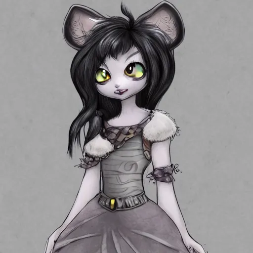 Image similar to headshot of young female furry, D&D, cute, fantasy, intricate, long hair, dark grey skin, mouse face, mouse nose, dark skin, mouse head, mouse ears, black hair, elegant, highly detailed, cartoony, artstation, concept art, smooth, sharp focus, illustration, art by Diives