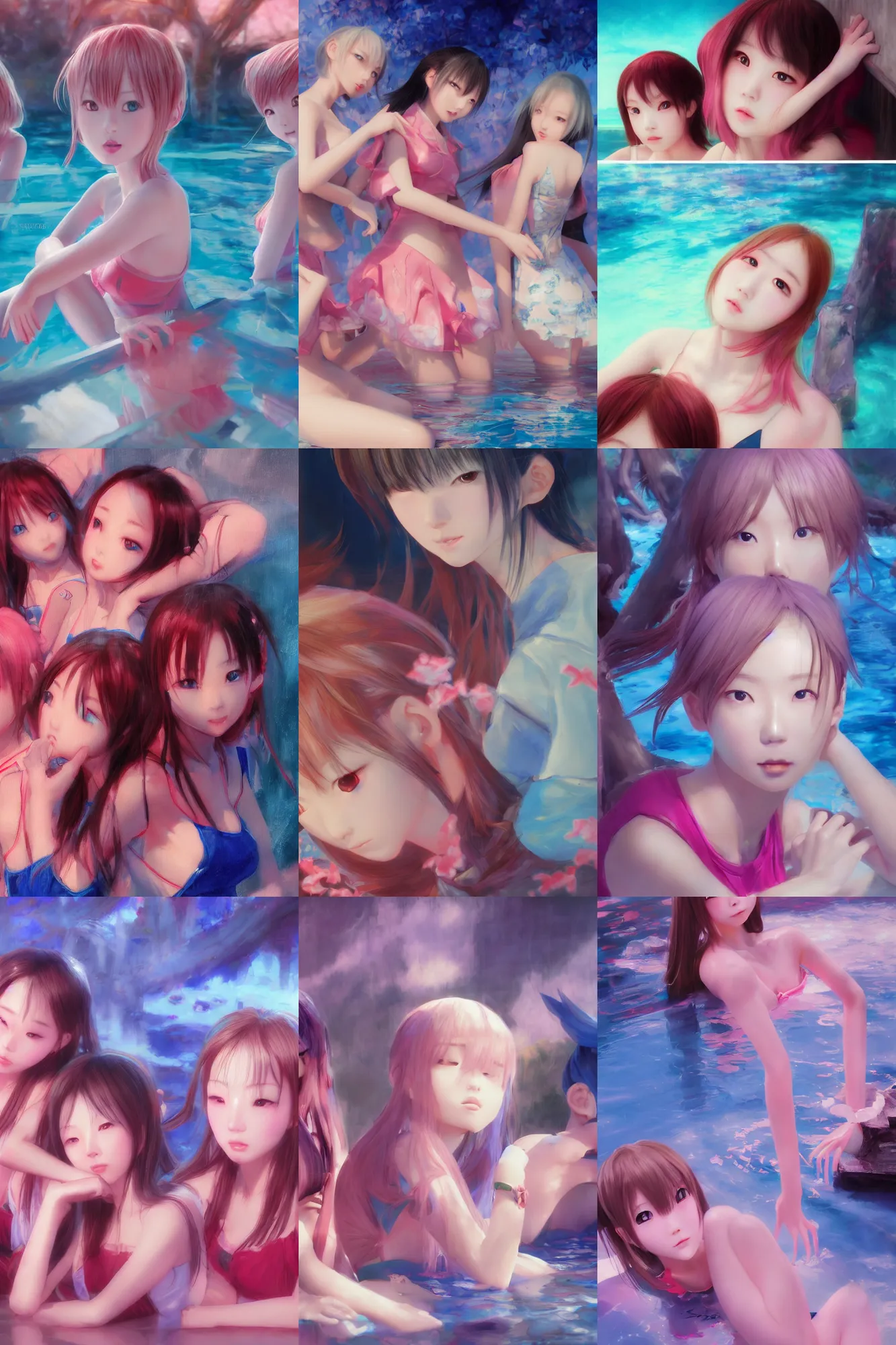 Prompt: 3d infrared octane render concept art by D. Jun, by Mo Xiang Tong Xiu, by Igarashi Daisuke, cute beauty complex portrait anime sad friends schoolgirls under dark pink and blue water on pool. beautiful and cutest sad face. dramatic deep light, trending on artstation, oil painting brush