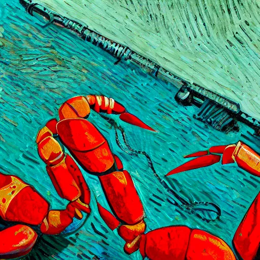 Prompt: red robotic crayfish cut the gold medal's ribbon from human neck by hand, 4 k, oil painting, van gogh