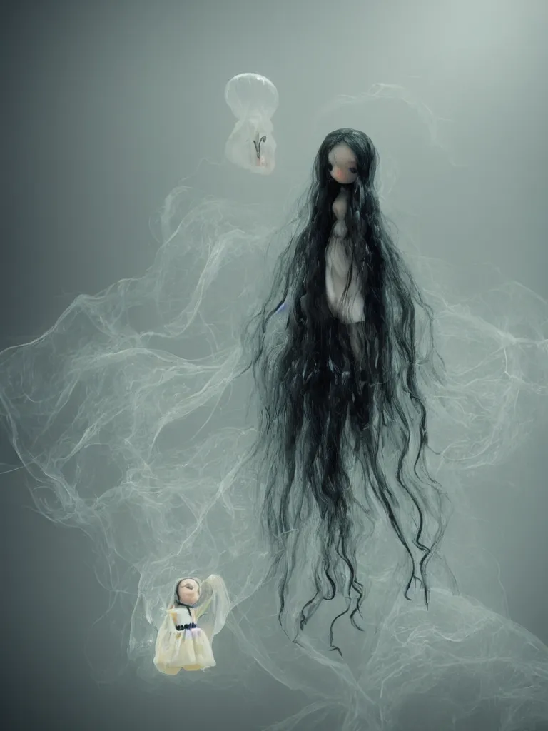 Image similar to cute fumo plush doll of an otherworldly translucent jellyfish goth maiden girl floating in the deep sea, mysterious tattered black tendrils and dress, glowing wraith girl, wisps of volumetric fog and smoke in vortices, vignette, bokeh, vray