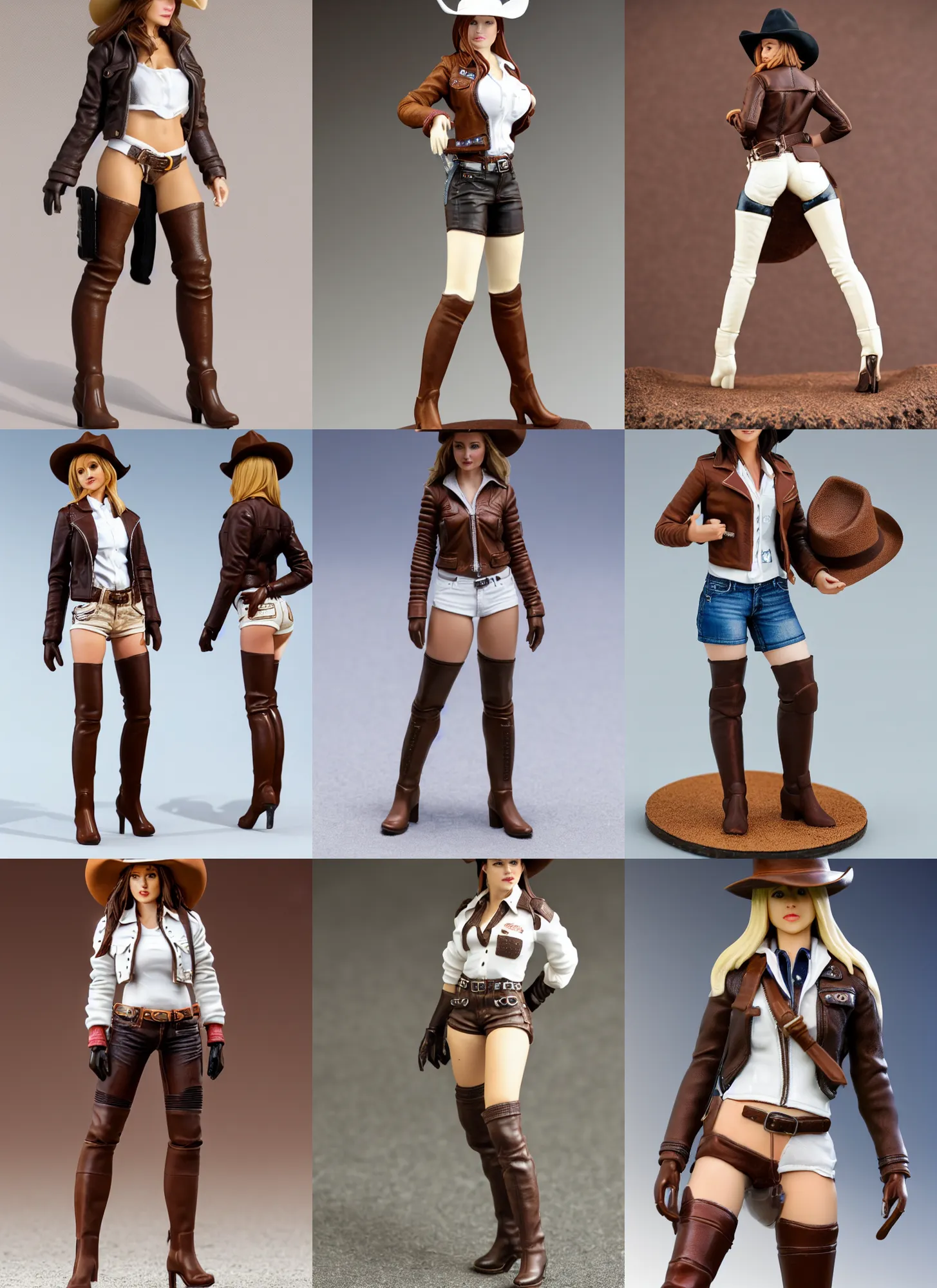 Prompt: 80mm resin detailed miniature of a cow-girl, Short brown leather jacket, white shirts, hot-pants, ten-gallon hat, over-knee boots, Navel, Thigh Skin, Standing with legs open on textured disc base; Miniature product Introduction Photos, Logo at top left of screen, 4K, Full body; Front view