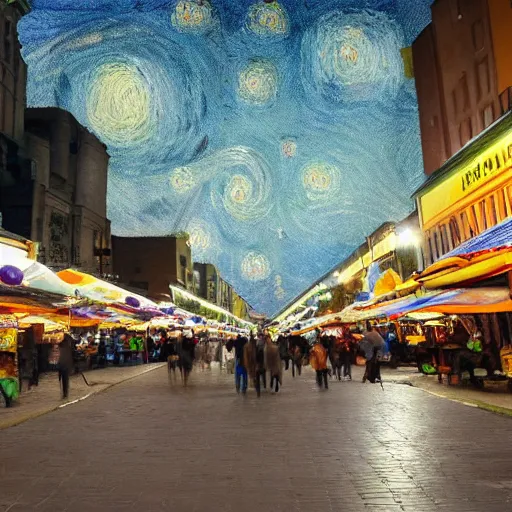 Prompt: a starry night with birds all over the sky and walking people in the streets, street vendors, food, plaza, carnival, DALL-E 2