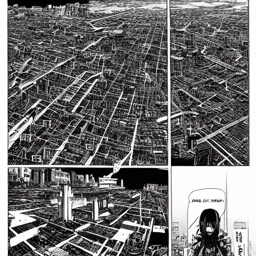 Prompt: a manga page showing a city from above, by Tsutomu Nihei