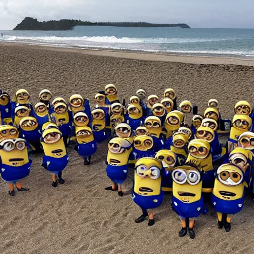 Prompt: one hundred minions on the beach