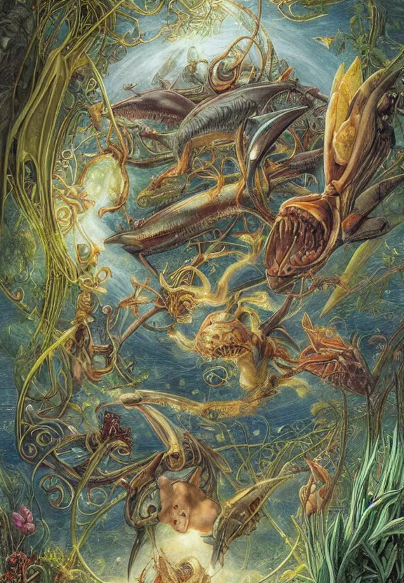 Image similar to simplicity, elegant, colorful muscular sharks, human babies, botany, orchids, radiating, colorful mandala, psychedelic, overgrown garden environment, by h. r. giger and esao andrews and maria sibylla merian eugene delacroix, gustave dore, thomas moran, pop art, biomechanical xenomorph, art nouveau, apocalyptic