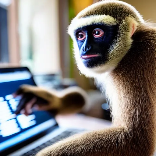 Prompt: the animal gibbon trading Bitcoin on a laptop