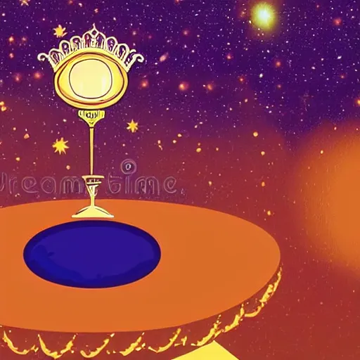 Prompt: a glowing crown sitting on a table with one beautiful eye mounted on it like a jewel, stars on top of the crown, night time, vast cosmos, geometric light rays, bold black lines, flat colors, minimal psychedelic 1 9 9 0 s magazine illustration