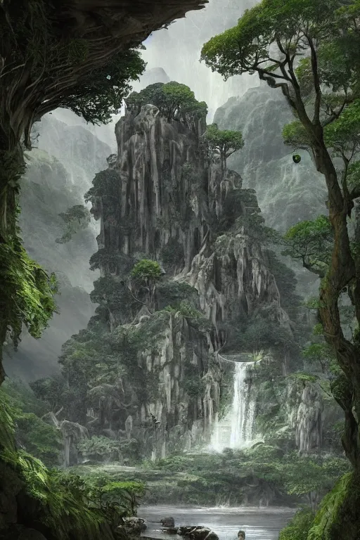 Image similar to carved into the Rock a citadel-temple , gnarly trees, lush vegetation, forrest, a small stream runs beneath the waterfall, landscape, raphael lacoste, eddie mendoza, alex ross, concept art, matte painting, highly detailed, rule of thirds, dynamic lighting, cinematic, detailed, denoised, centerd