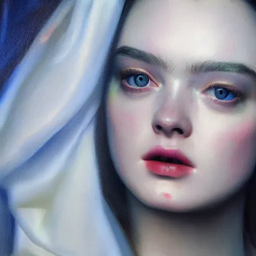 Image similar to a striking hyper real painting of cyberpunk Elle Fanning by Johannes Vermeer